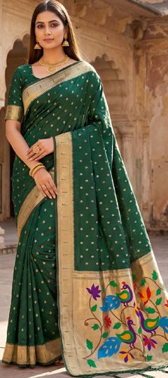 Green color Saree in Organza Silk fabric with Weaving work