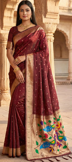 Red and Maroon color Saree in Organza Silk fabric with Weaving work