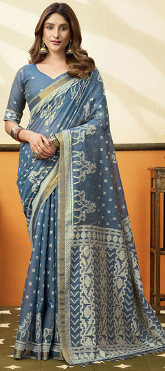 Blue color Saree in Blended Cotton fabric with Printed work