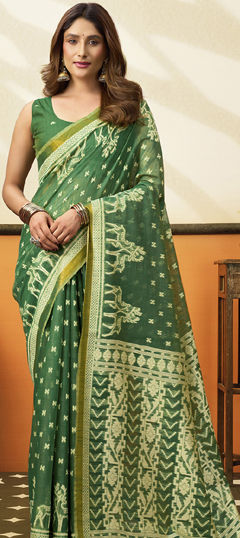 Green color Saree in Blended Cotton fabric with Printed work