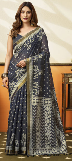 Blue color Saree in Blended Cotton fabric with Printed work