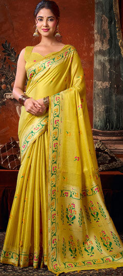 Yellow color Saree in Tissue fabric with Zari work