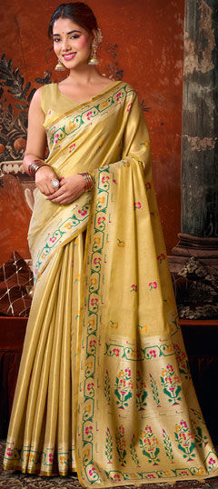 Beige and Brown color Saree in Tissue fabric with Zari work