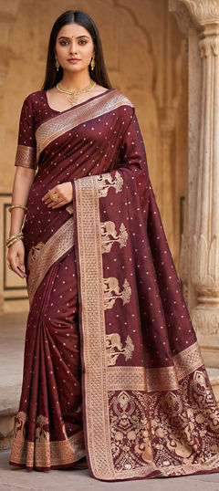 Beige and Brown color Saree in Banarasi Silk fabric with Weaving work