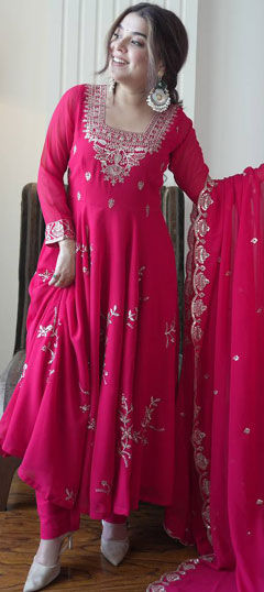 Pink and Majenta color Salwar Kameez in Faux Georgette fabric with Embroidered, Sequence work
