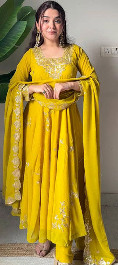 Yellow color Salwar Kameez in Faux Georgette fabric with Embroidered, Sequence work
