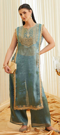 Green color Salwar Kameez in Satin fabric with Embroidered, Thread work