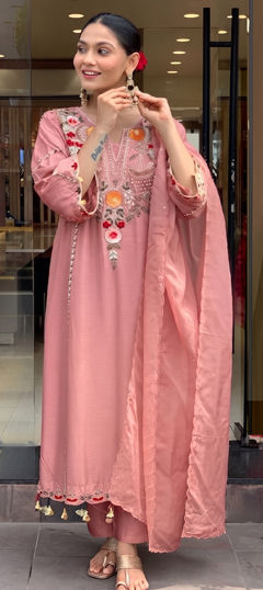 Pink and Majenta color Salwar Kameez in Chanderi Silk, Viscose fabric with Embroidered work