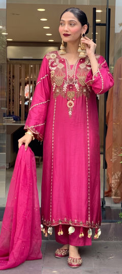 Pink and Majenta color Salwar Kameez in Chanderi Silk, Viscose fabric with Embroidered work