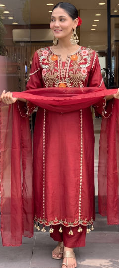 Red and Maroon color Salwar Kameez in Chanderi Silk, Viscose fabric with Embroidered work