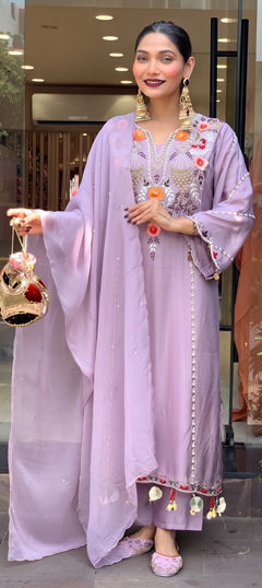 Purple and Violet color Salwar Kameez in Chanderi Silk, Viscose fabric with Embroidered work