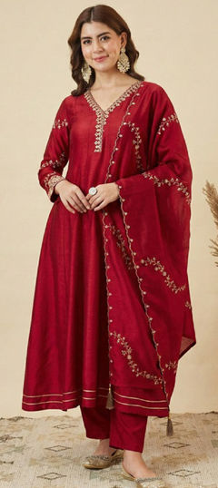 Red and Maroon color Salwar Kameez in Silk fabric with Embroidered, Thread work