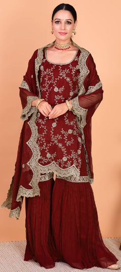 Red and Maroon color Salwar Kameez in Faux Georgette fabric with Embroidered, Thread work