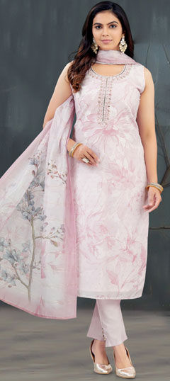 Pink and Majenta color Salwar Kameez in Silk fabric with Bugle Beads, Embroidered, Mirror, Stone work