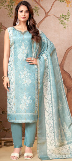 Blue color Salwar Kameez in Silk fabric with Cut Dana, Floral, Printed, Sequence work