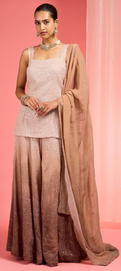 Beige and Brown color Salwar Kameez in Organza Silk fabric with Embroidered, Thread work