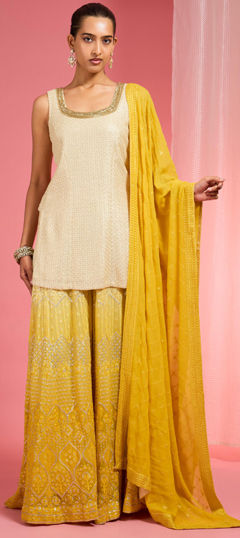 Yellow color Salwar Kameez in Georgette fabric with Embroidered, Thread work
