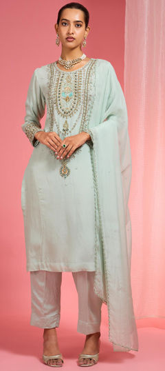Green color Salwar Kameez in Organza Silk fabric with Bugle Beads, Embroidered work