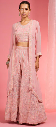 Pink and Majenta color Salwar Kameez in Georgette fabric with Bugle Beads, Embroidered work
