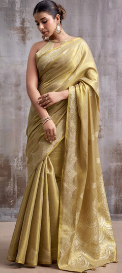 Beige and Brown color Saree in Tissue fabric with Weaving work