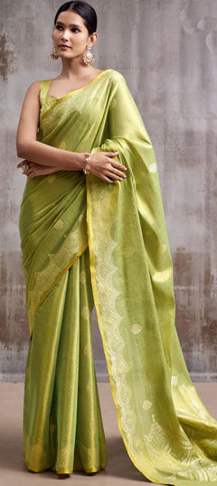 Green color Saree in Tissue fabric with Weaving work
