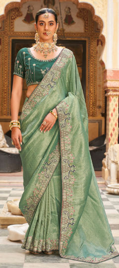Green color Saree in Tissue fabric with Embroidered work
