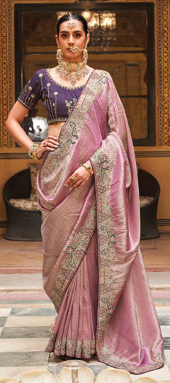 Pink and Majenta color Saree in Tissue fabric with Embroidered work