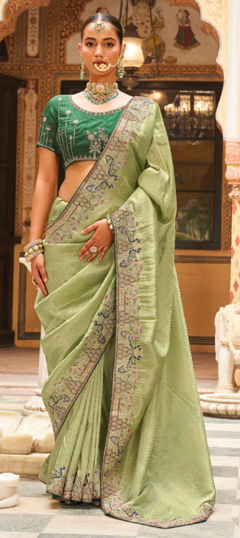Green color Saree in Tissue fabric with Embroidered work