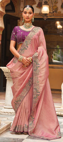 Pink and Majenta color Saree in Tissue fabric with Embroidered work