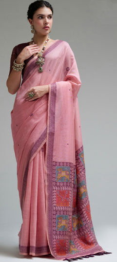 Pink and Majenta color Saree in Cotton fabric with Printed work