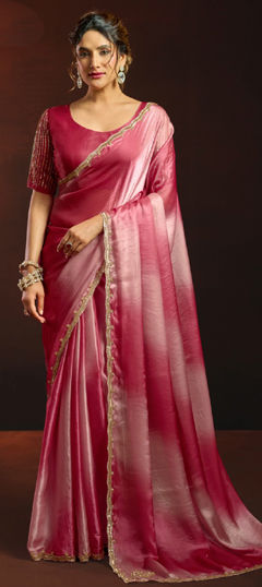 Pink and Majenta color Saree in Tissue fabric with Bugle Beads, Digital Print, Sequence work
