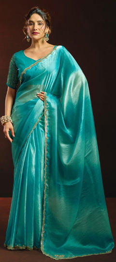 Blue color Saree in Tissue fabric with Bugle Beads, Digital Print, Sequence work
