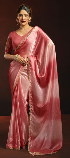 Pink and Majenta color Saree in Tissue fabric with Bugle Beads, Digital Print, Sequence work