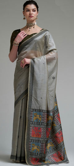 Black and Grey color Saree in Cotton fabric with Printed work