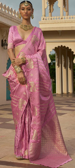 Pink and Majenta color Saree in Satin Silk fabric with Weaving, Zari work