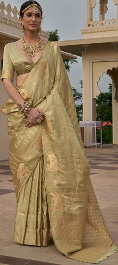 Gold color Saree in Satin Silk fabric with Weaving, Zari work