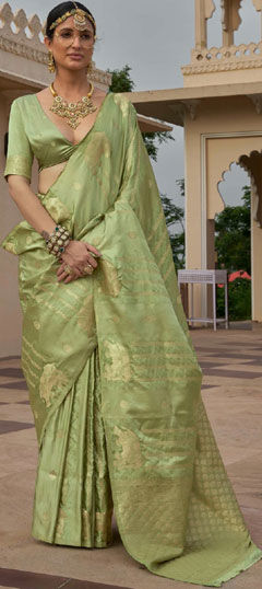 Green color Saree in Satin Silk fabric with Weaving, Zari work