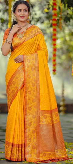 Yellow color Saree in Silk fabric with Weaving work