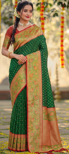 Green color Saree in Silk fabric with Weaving work