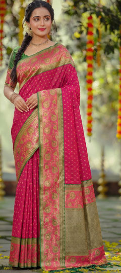 Pink and Majenta color Saree in Silk fabric with Weaving work