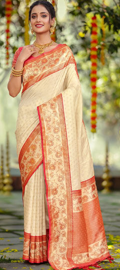 White and Off White color Saree in Silk fabric with Weaving work