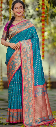 Blue color Saree in Silk fabric with Weaving work