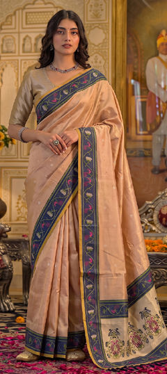Pink and Majenta color Saree in Tissue fabric with Weaving work