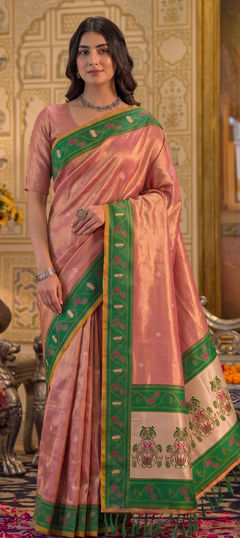 Pink and Majenta color Saree in Tissue fabric with Weaving work