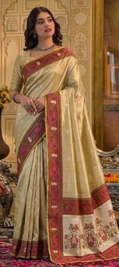 Beige and Brown color Saree in Tissue fabric with Weaving work