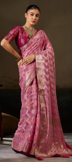 Pink and Majenta color Saree in Georgette fabric with Weaving work