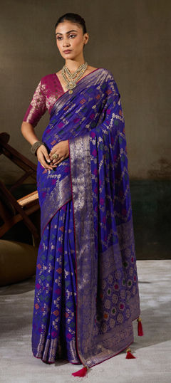 Blue color Saree in Georgette fabric with Weaving work
