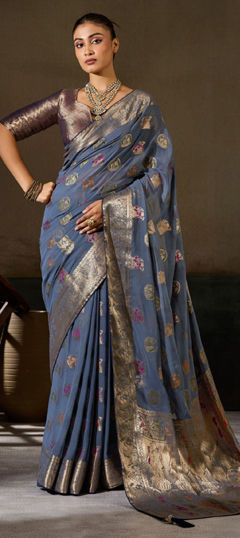 Black and Grey color Saree in Georgette fabric with Weaving work