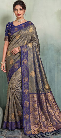 Black and Grey color Saree in Silk fabric with Weaving work