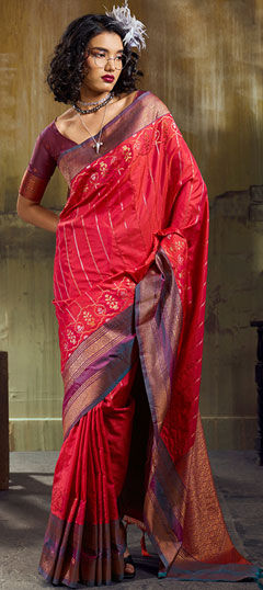 Red and Maroon color Saree in Blended fabric with Weaving work